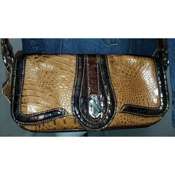 M.C. Marc Chantal Purse 2Tone Brown CROCO Leather Western Crossbody Shoulder Bag - Picture 2 of 9